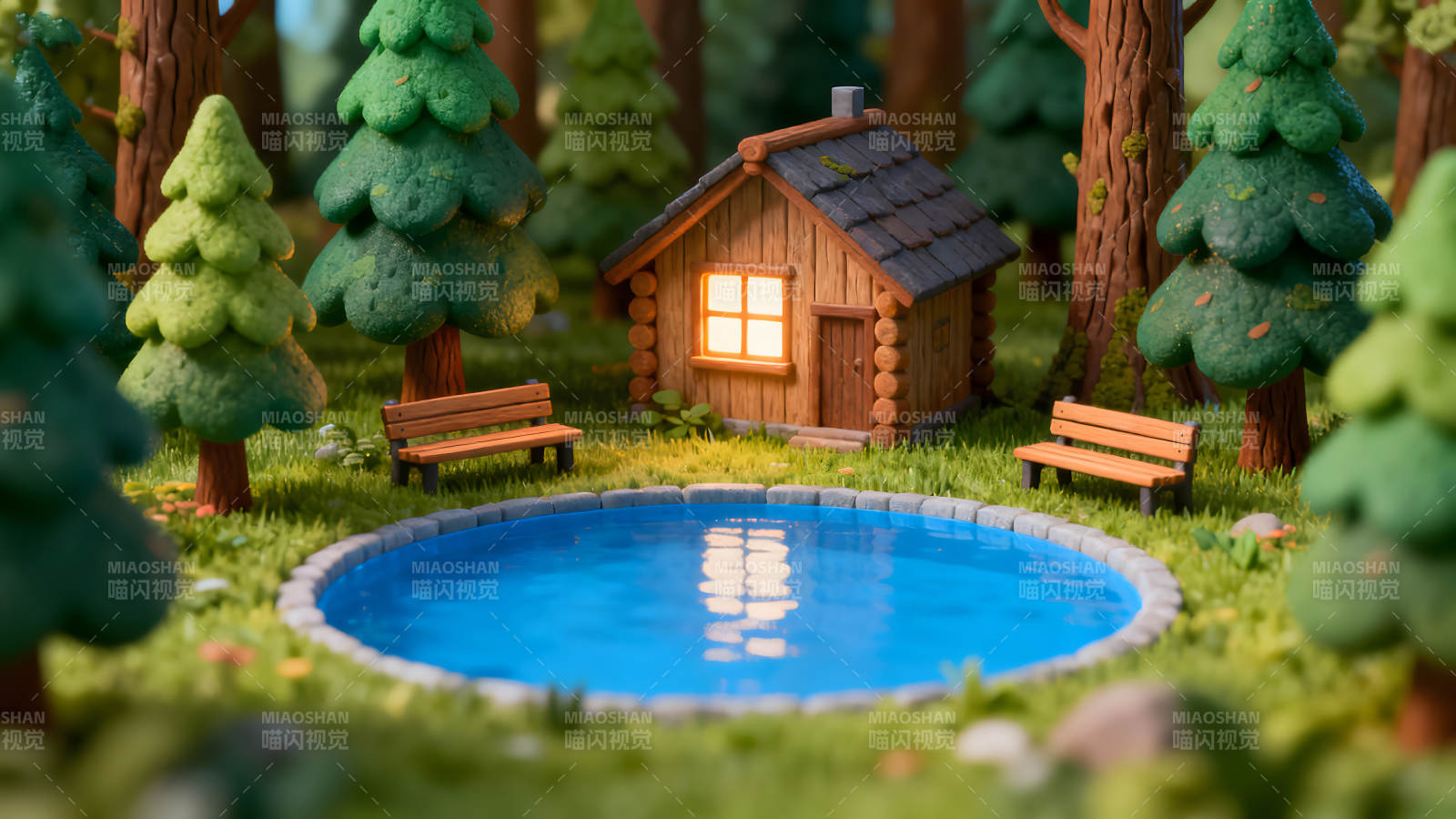 森林小屋宁静美景池塘周围树木环绕-图片