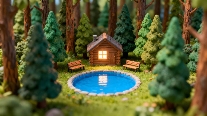 森林小屋與水池的寧靜景象-圖片