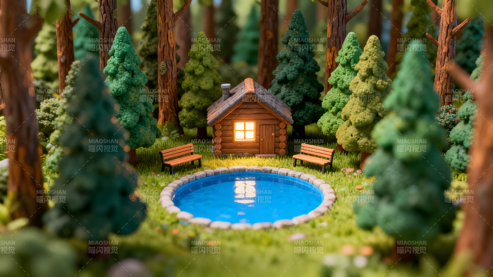 森林小屋與水池的寧靜景象-圖片