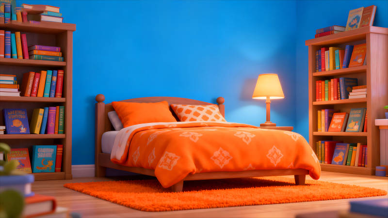 温馨卧室橙色蓝色调-图片