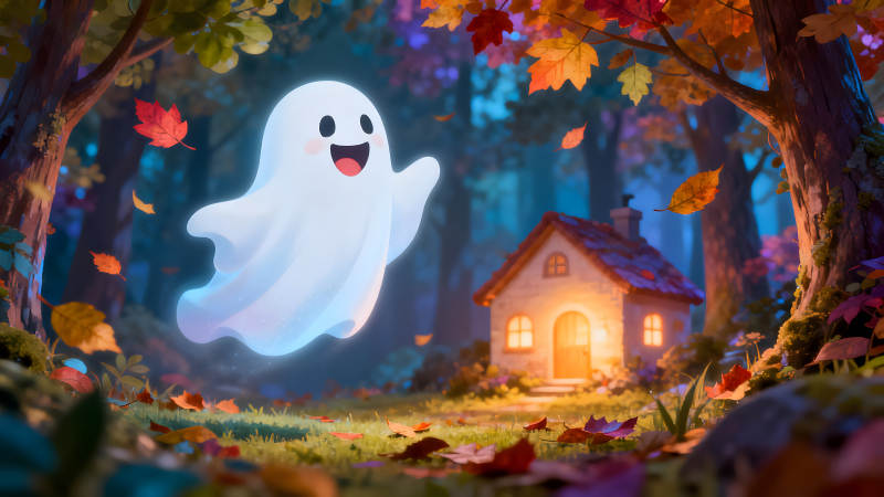 可愛鬼魂與秋日小屋-圖片