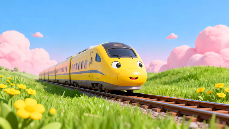 卡通黄色火车在绿色草地上行驶-图片