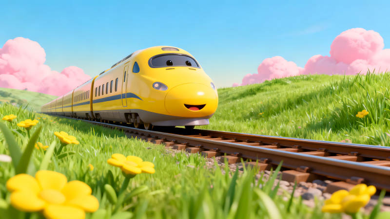 卡通黄色火车行驶在绿草地上-图片