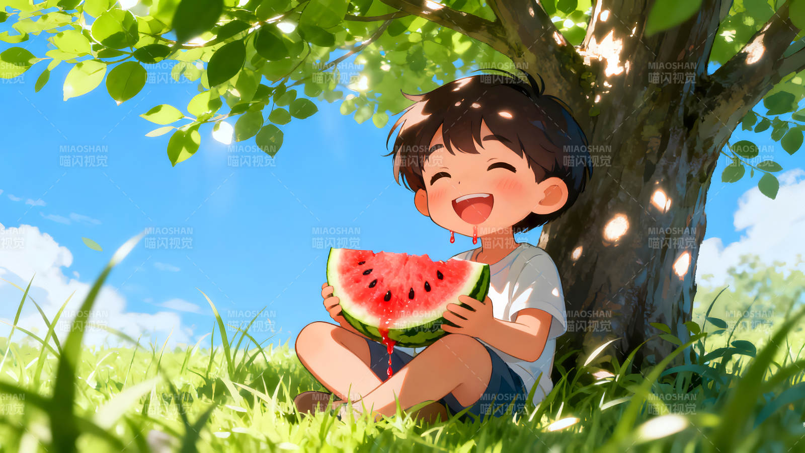 阳光下吃西瓜的男孩-图片