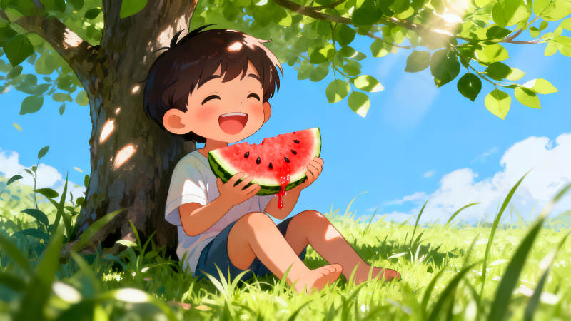 夏日午后男孩吃西瓜-圖片