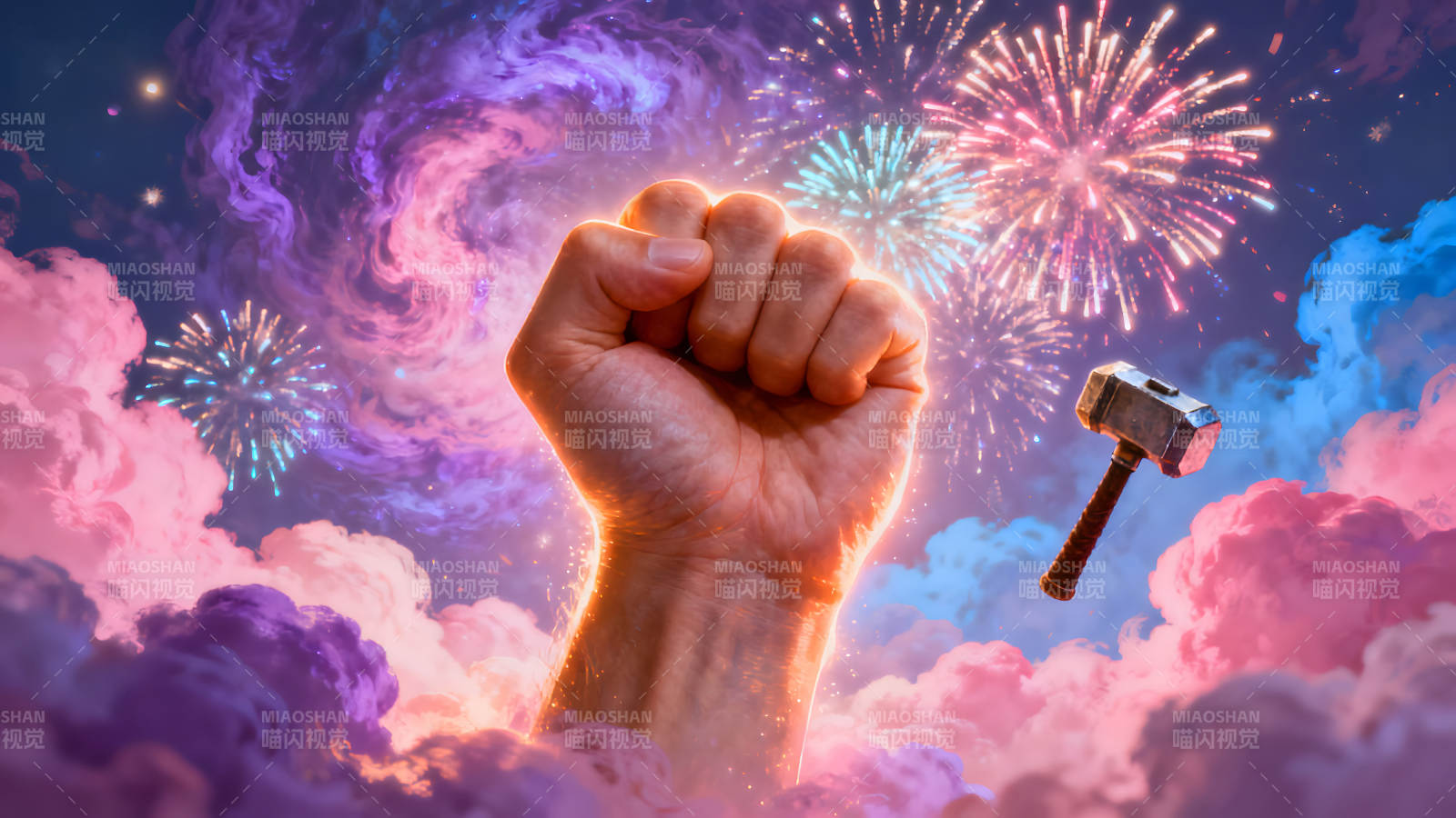 雷神握拳慶祝活動煙花綻放-圖片