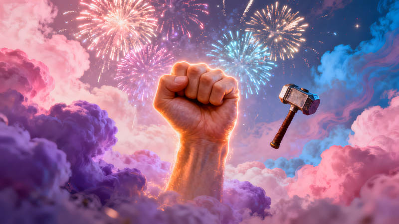 雷神揮拳空中煙花力量與色彩交織-圖片