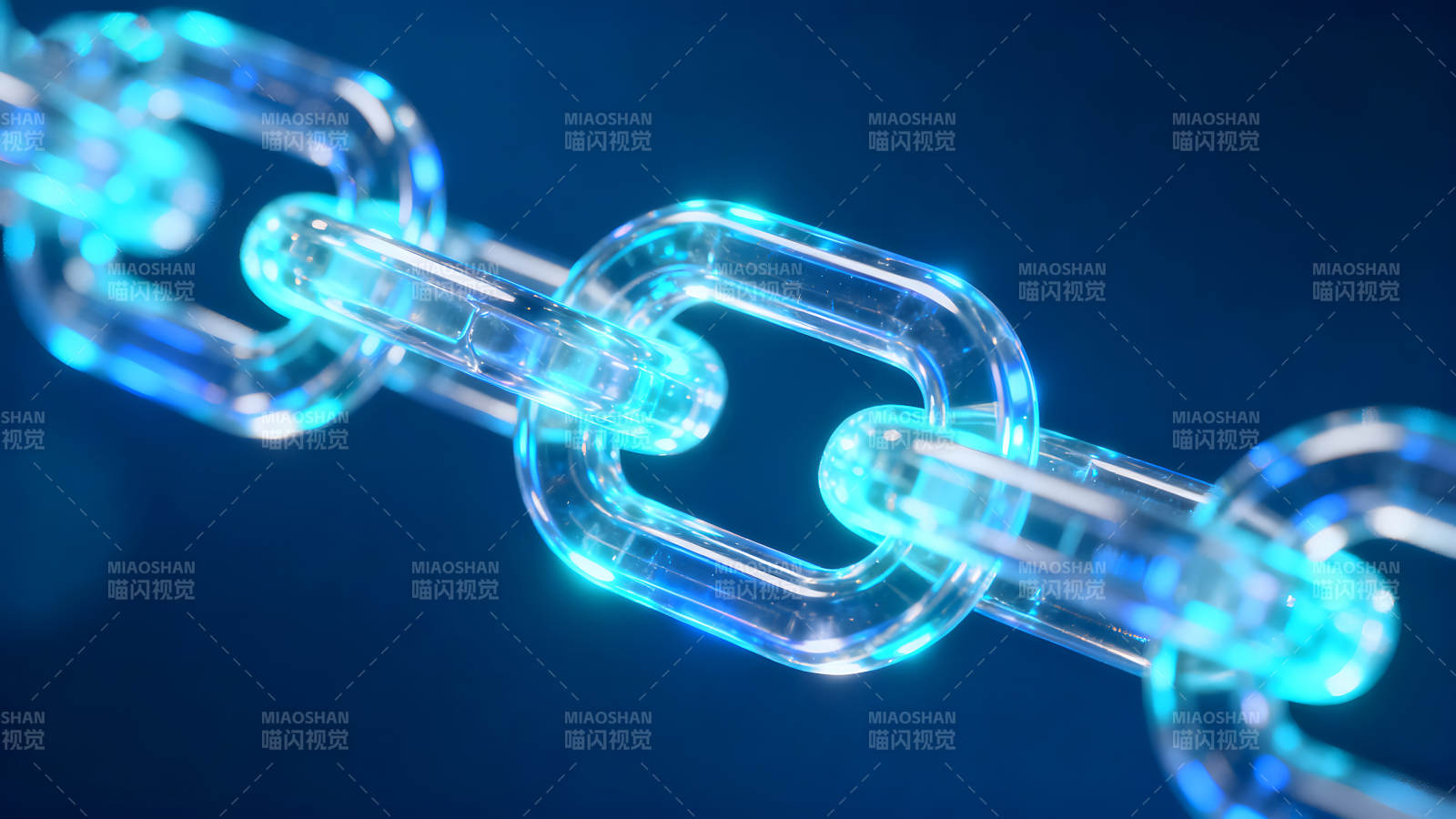 发光的链条连接在一起蓝色背景-图片