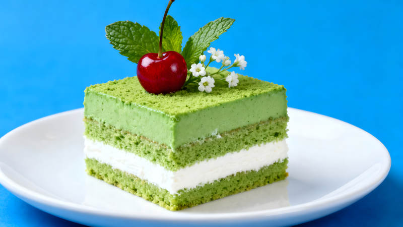 抹茶蛋糕与樱桃装饰-图片