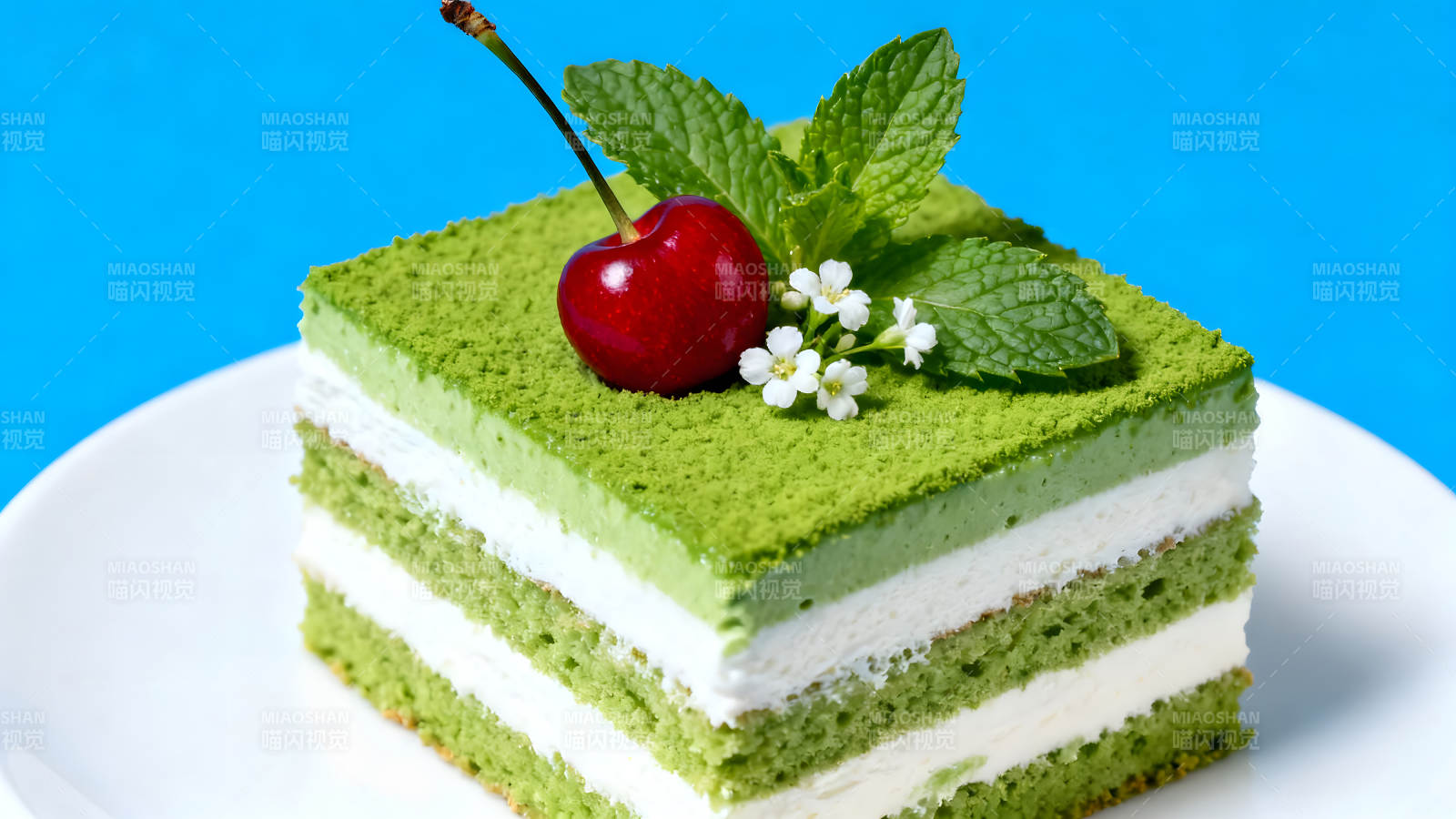 抹茶蛋糕配樱桃薄荷-图片