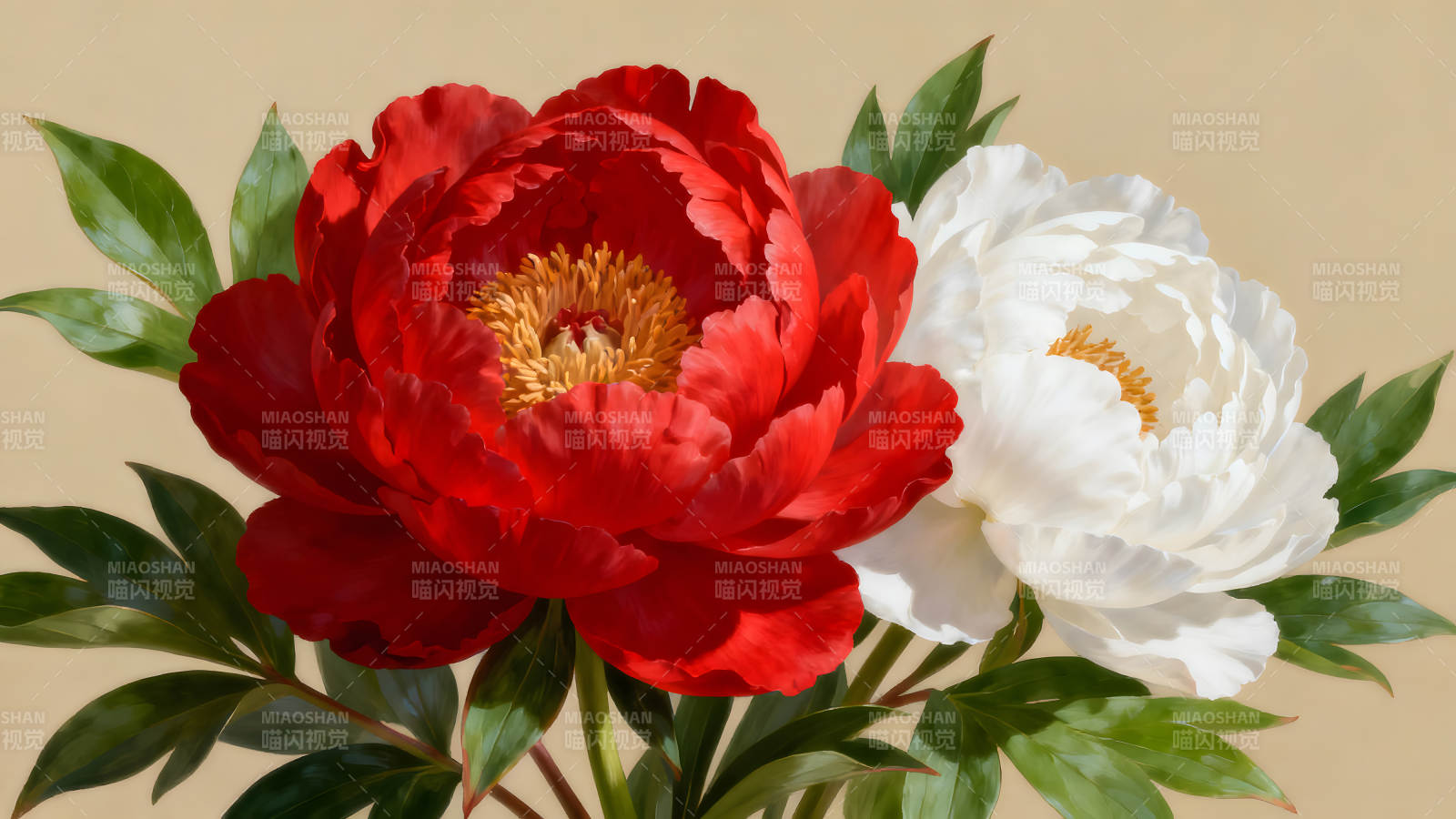 红白牡丹花卉特写-图片