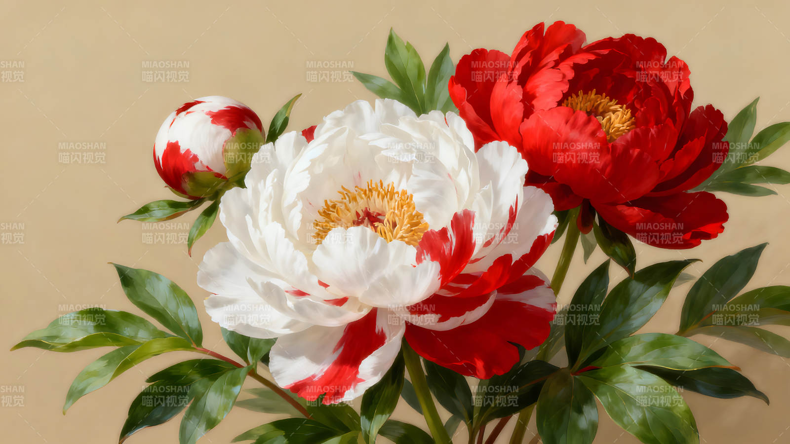 红白牡丹盛开的特写-图片