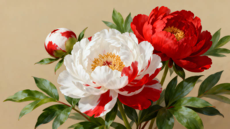 红白牡丹盛开的特写-图片