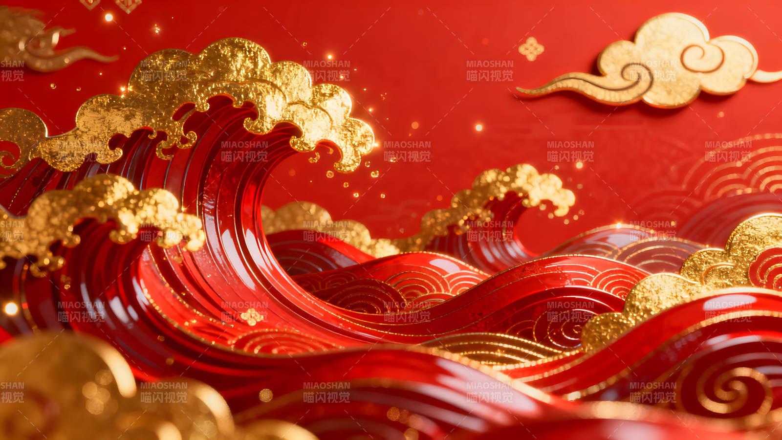 中國風紅色金色波浪云彩-圖片
