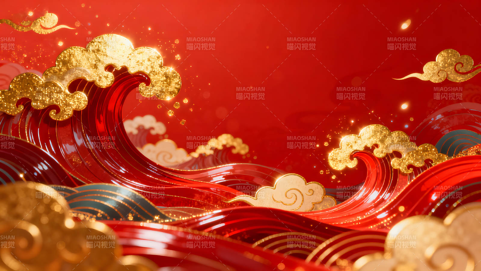 紅色祥云海浪背景圖節日氛圍-圖片