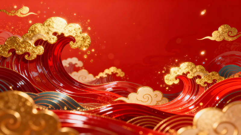 紅色祥云海浪背景圖節日氛圍-圖片