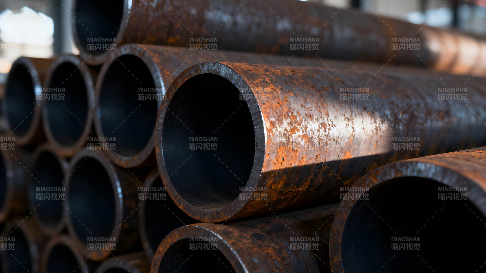 生锈的金属管道堆叠在一起图片