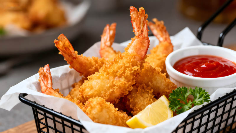 炸虾配番茄酱和柠檬-图片