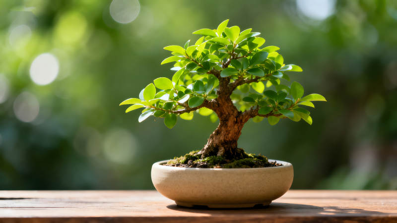 精致的盆栽植物在木桌上生长-图片