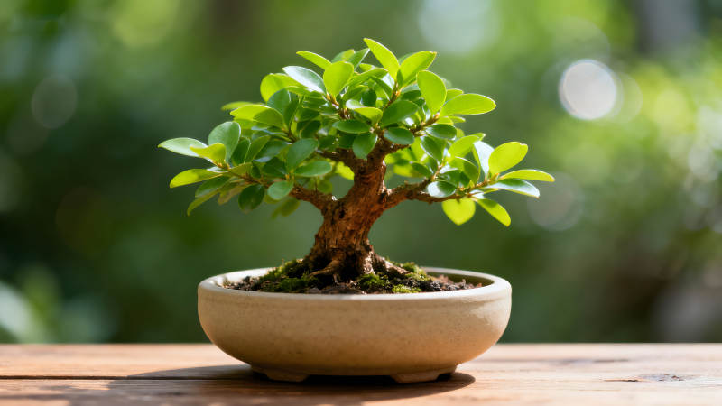 盆景树木在木桌上郁郁葱葱的景象-图片