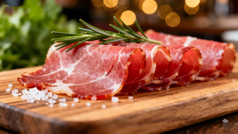 美味的熟食切片配上迷迭香和海鹽-圖片