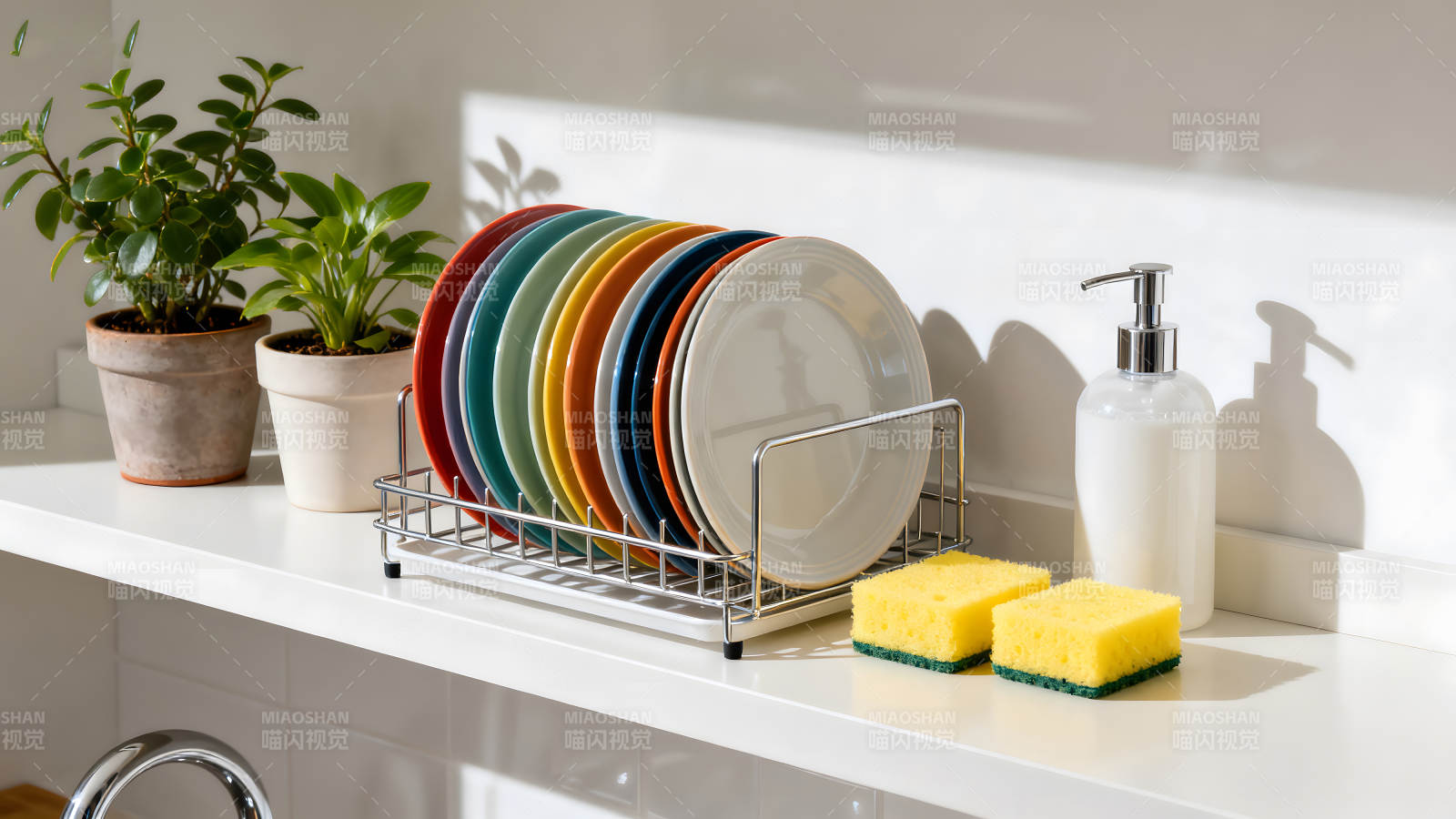 廚房臺面上的餐具和清潔用品-圖片