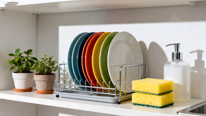 廚房收納場景多彩餐盤整齊擺放-圖片