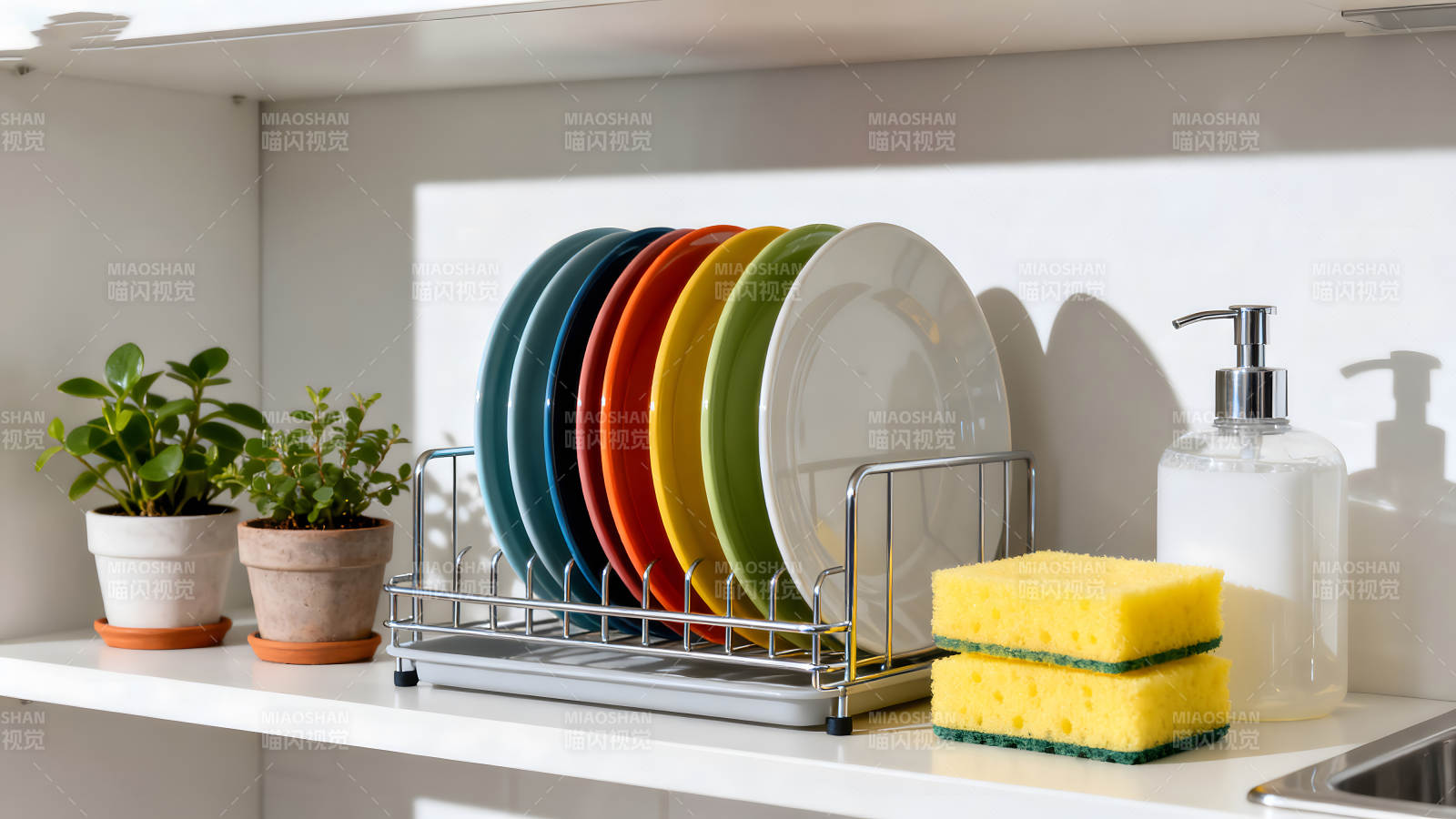 廚房收納場景多彩餐盤整齊擺放-圖片