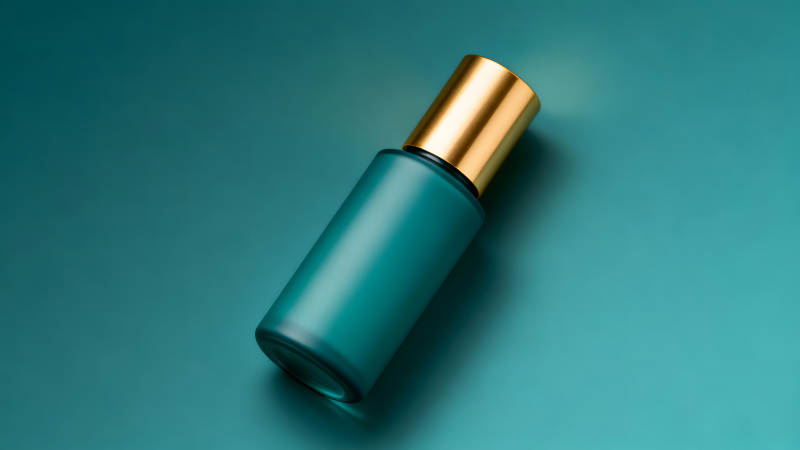 瓶身金色盖子在绿底上简约摆放-图片