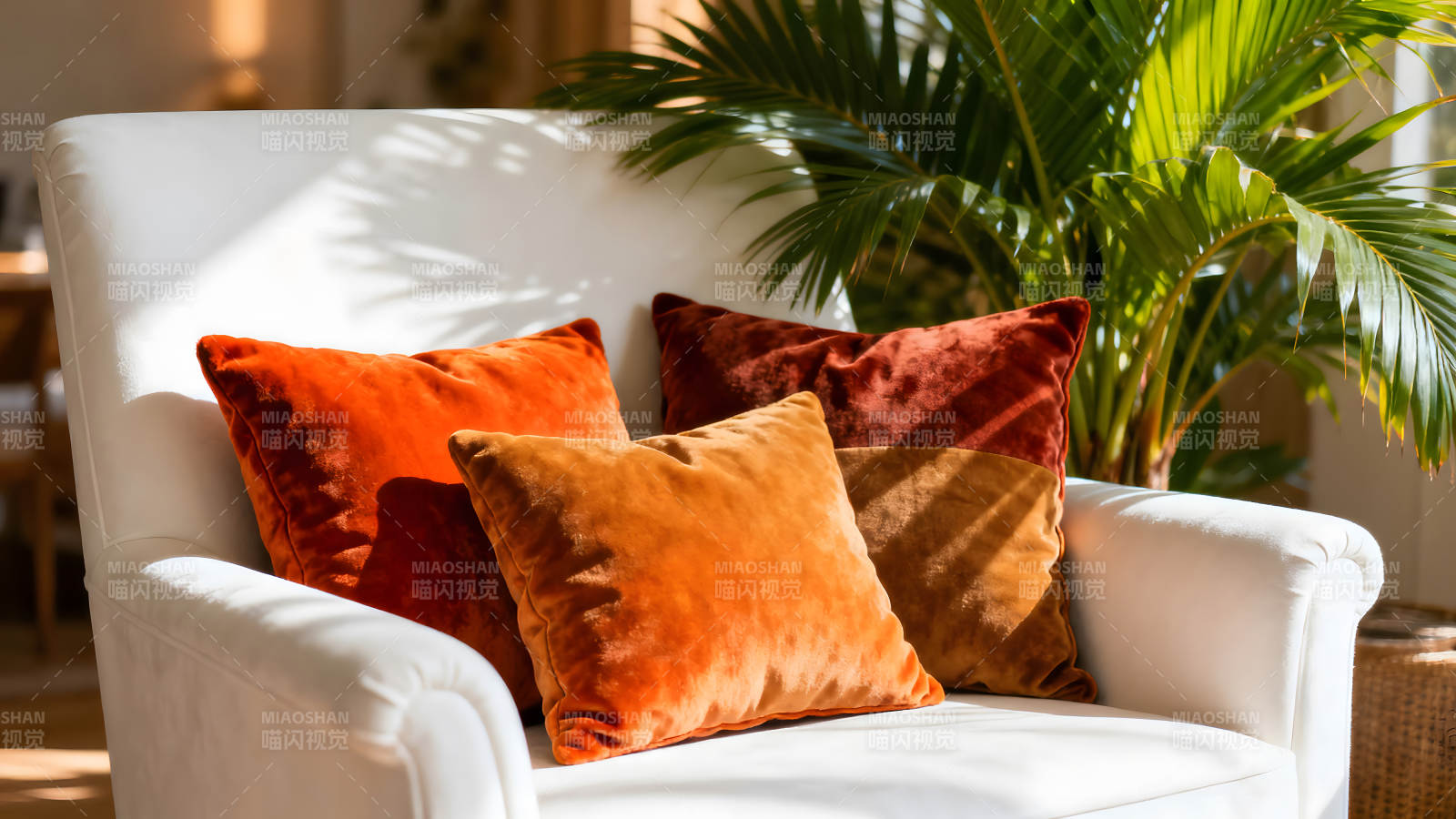 橘色靠枕与植物-图片