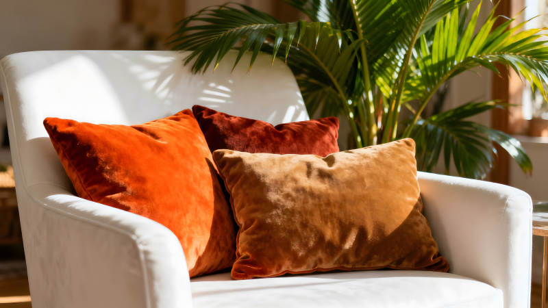 白色椅子上的橘色和棕色枕头-图片