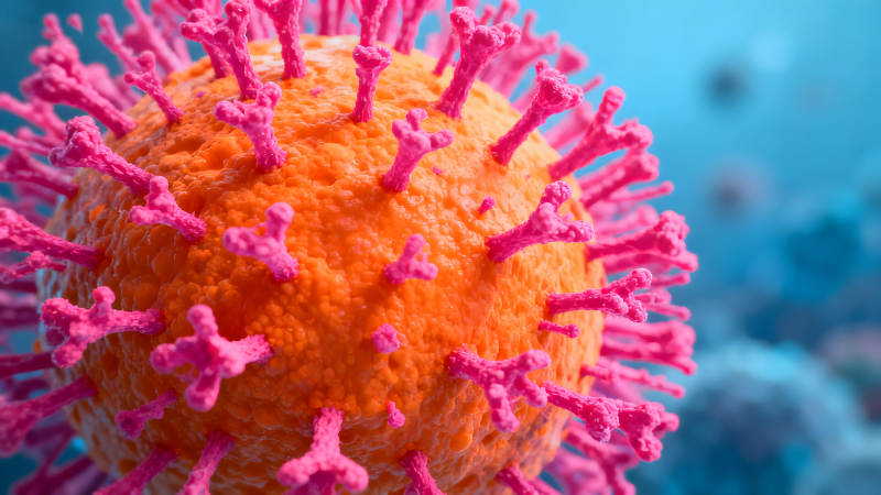 新冠病毒特寫橙色球體粉色刺突-圖片