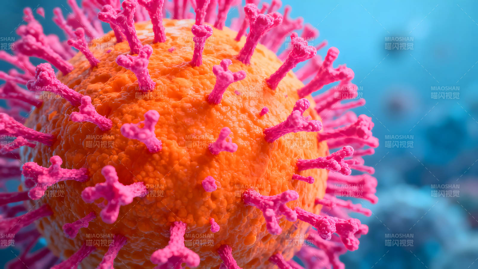 新冠病毒特寫橙色球體粉色刺突-圖片