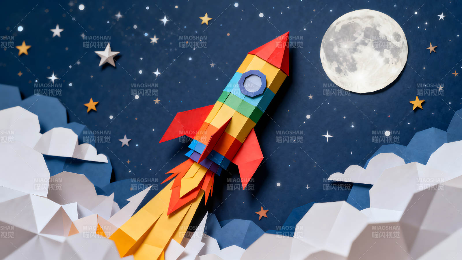紙藝火箭升空飛向月球-圖片