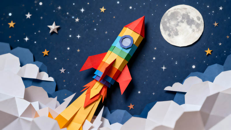 紙藝火箭升空飛向月球-圖片