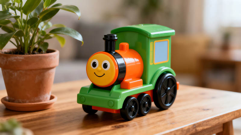 可爱的玩具火车摆放在木桌上-图片