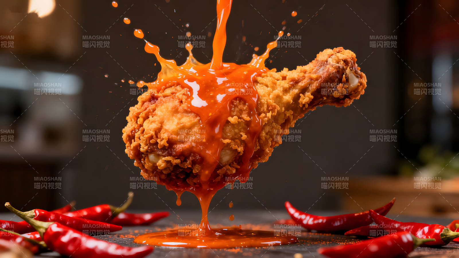 炸雞淋醬汁辣椒-圖片