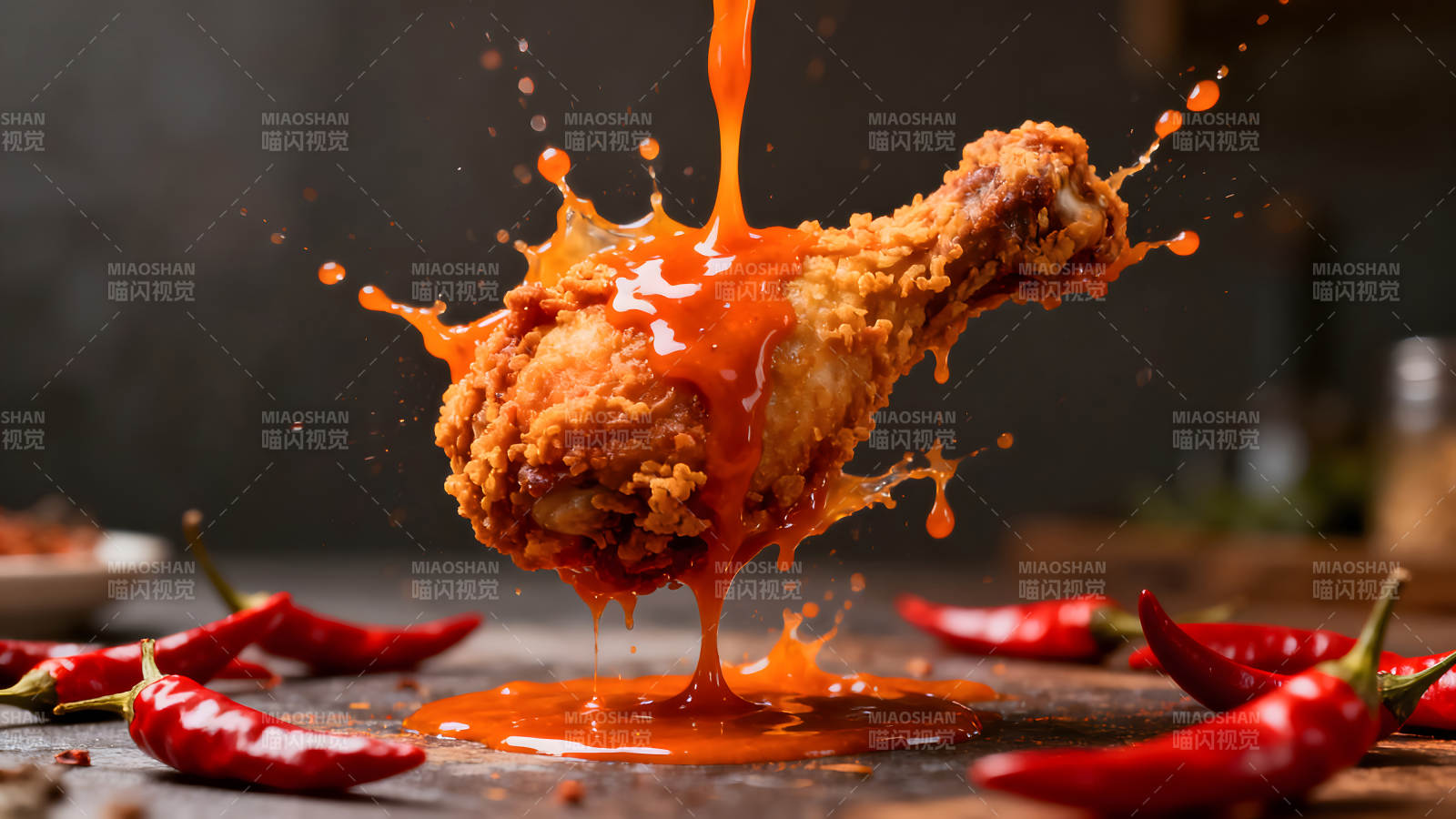 炸雞淋醬汁飛濺辣椒-圖片