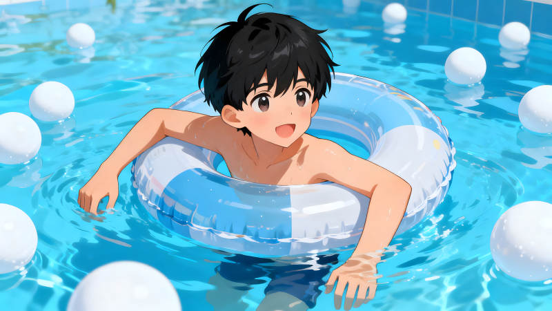 男孩游泳池里玩耍开心快乐的夏日时光-图片