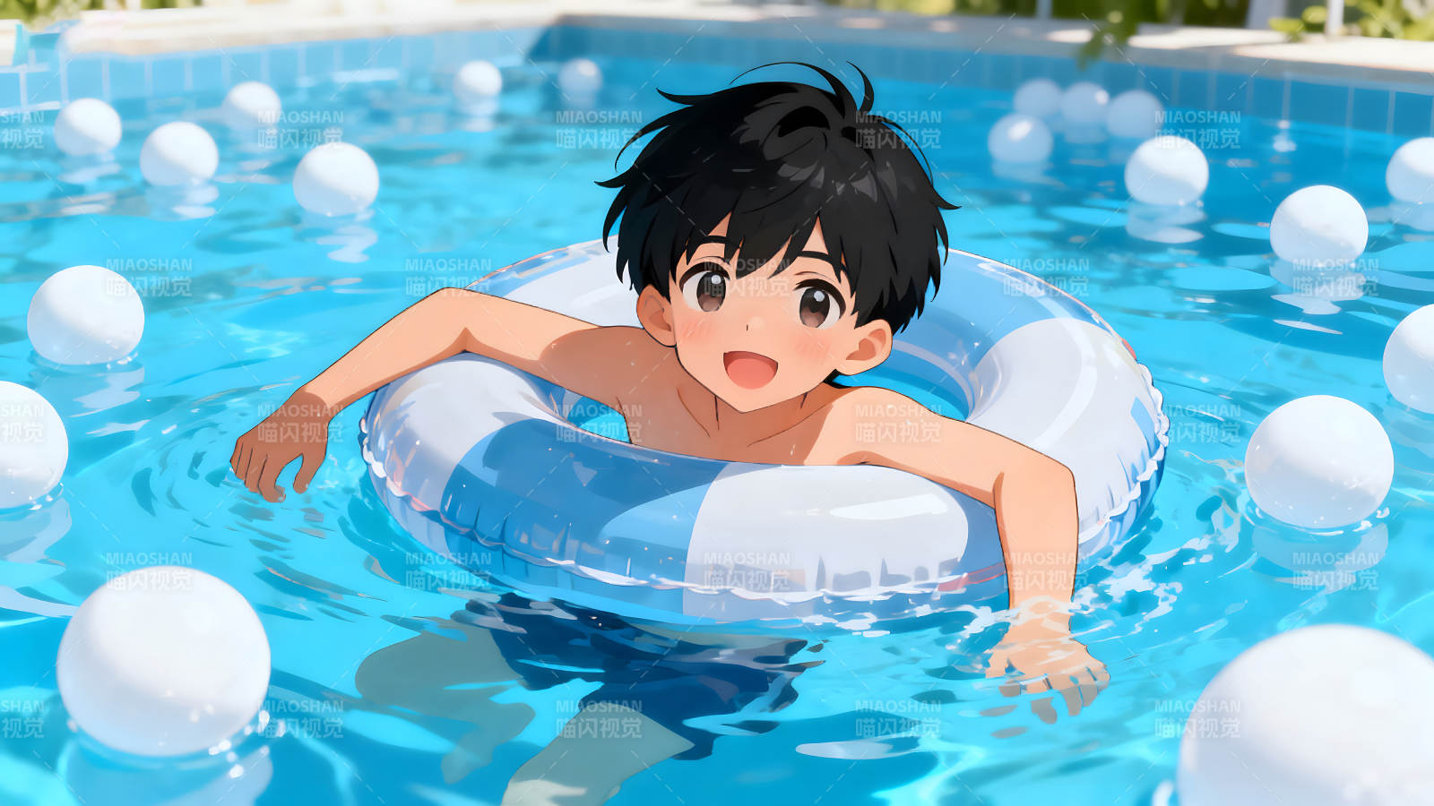 男孩游泳圈在泳池里游泳-图片