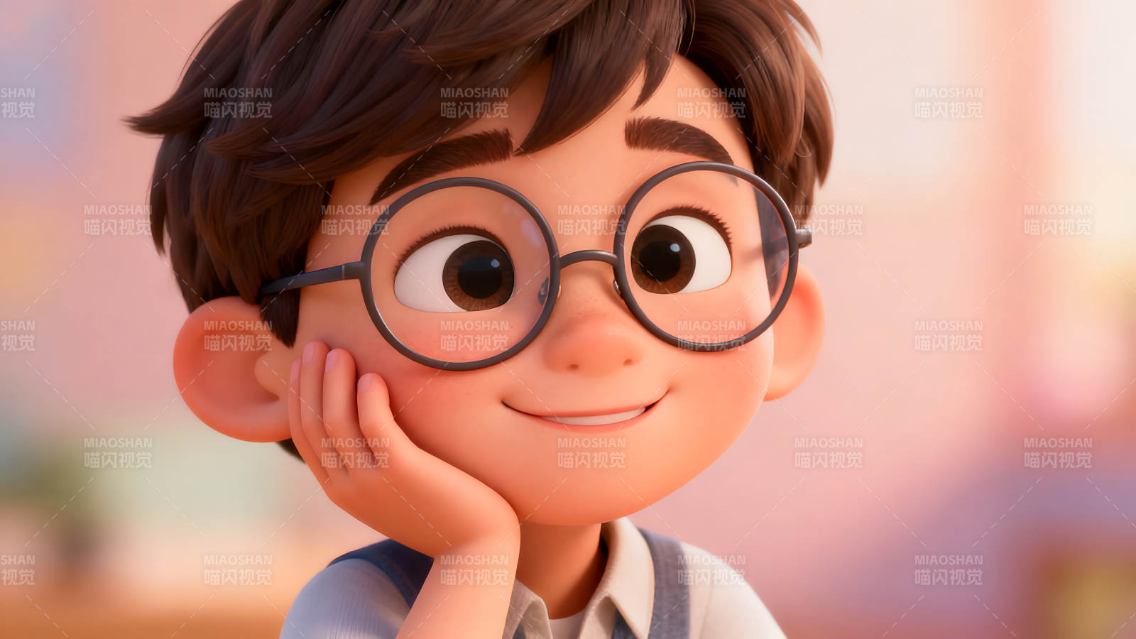可爱男孩戴眼镜微笑侧脸图片