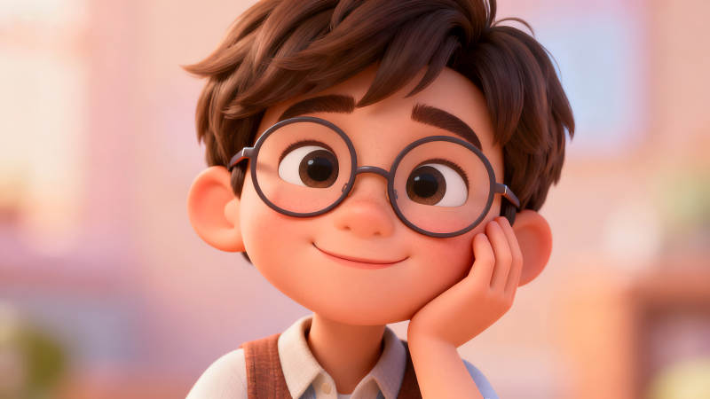 卡通男孩戴著眼鏡微笑著-圖片