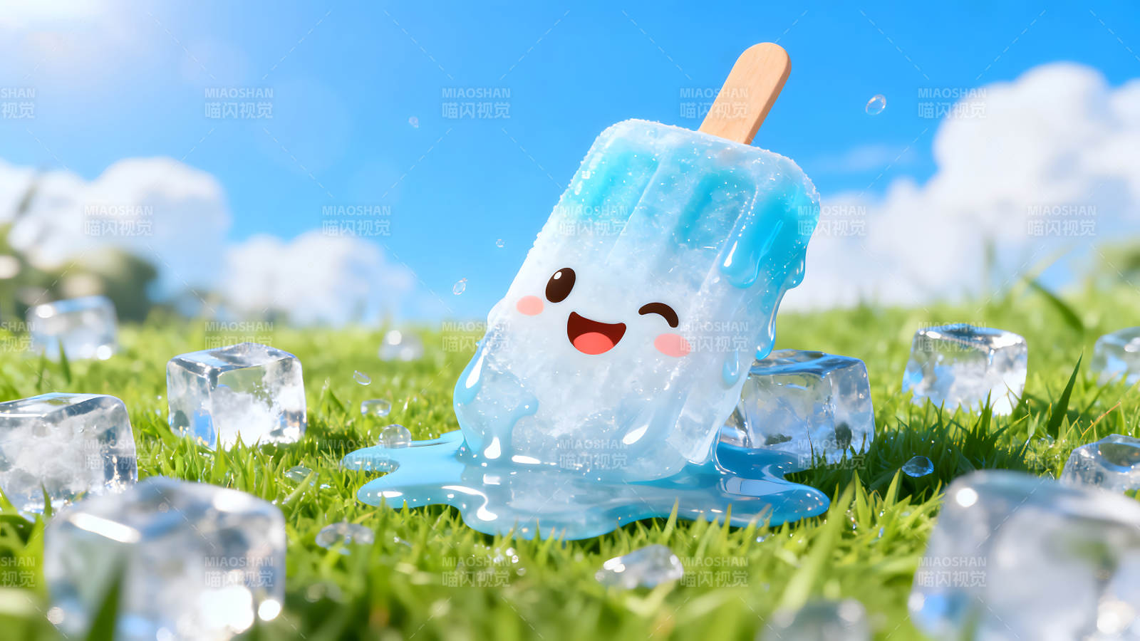 可愛冰棒融化在草地上圖片