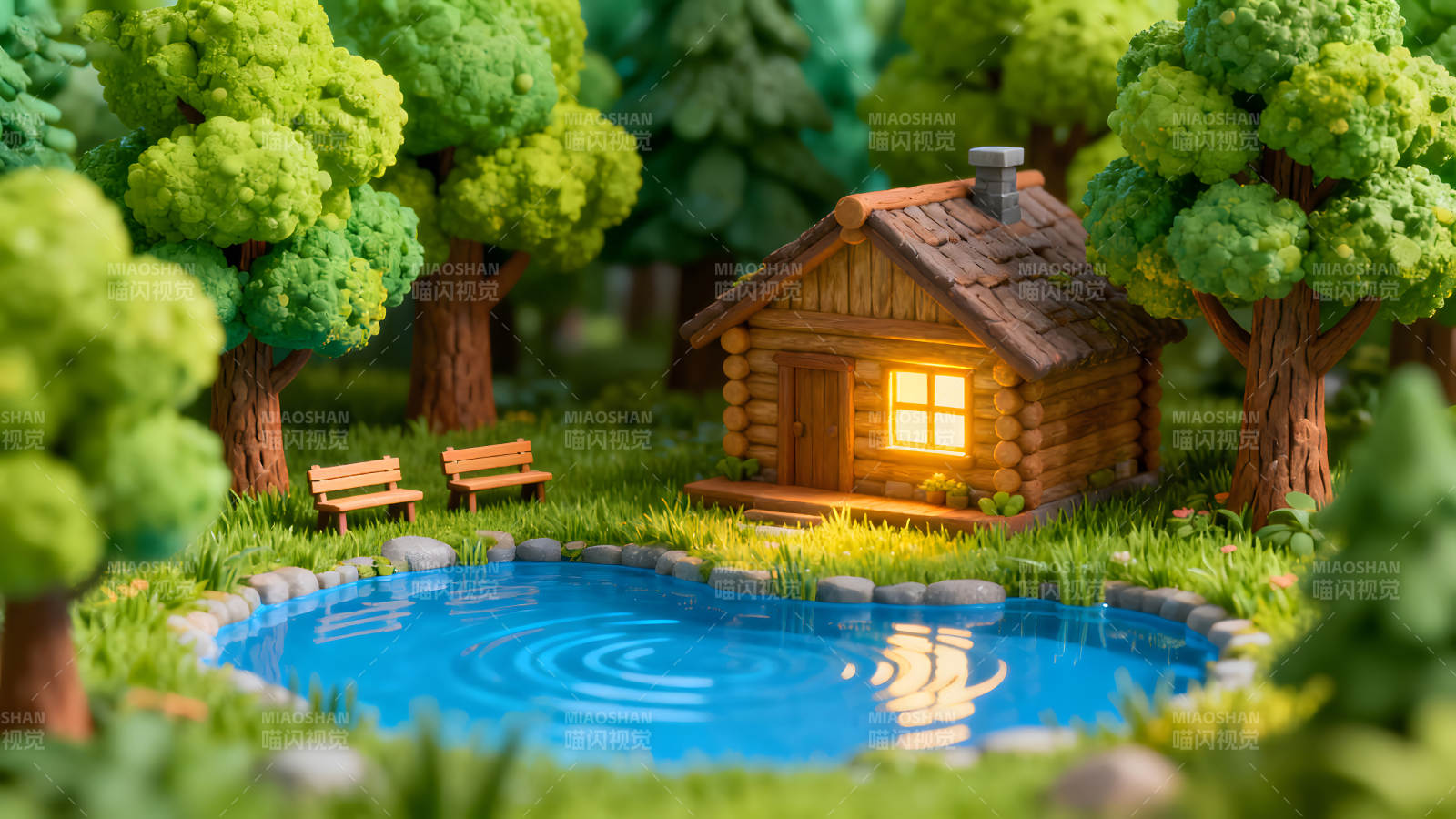 森林小屋与池塘静谧温馨的场景-图片