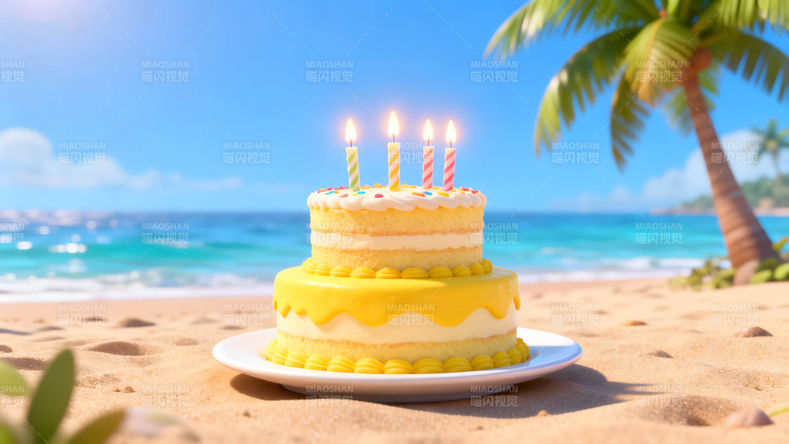 海灘上的生日蛋糕和棕櫚樹-圖片