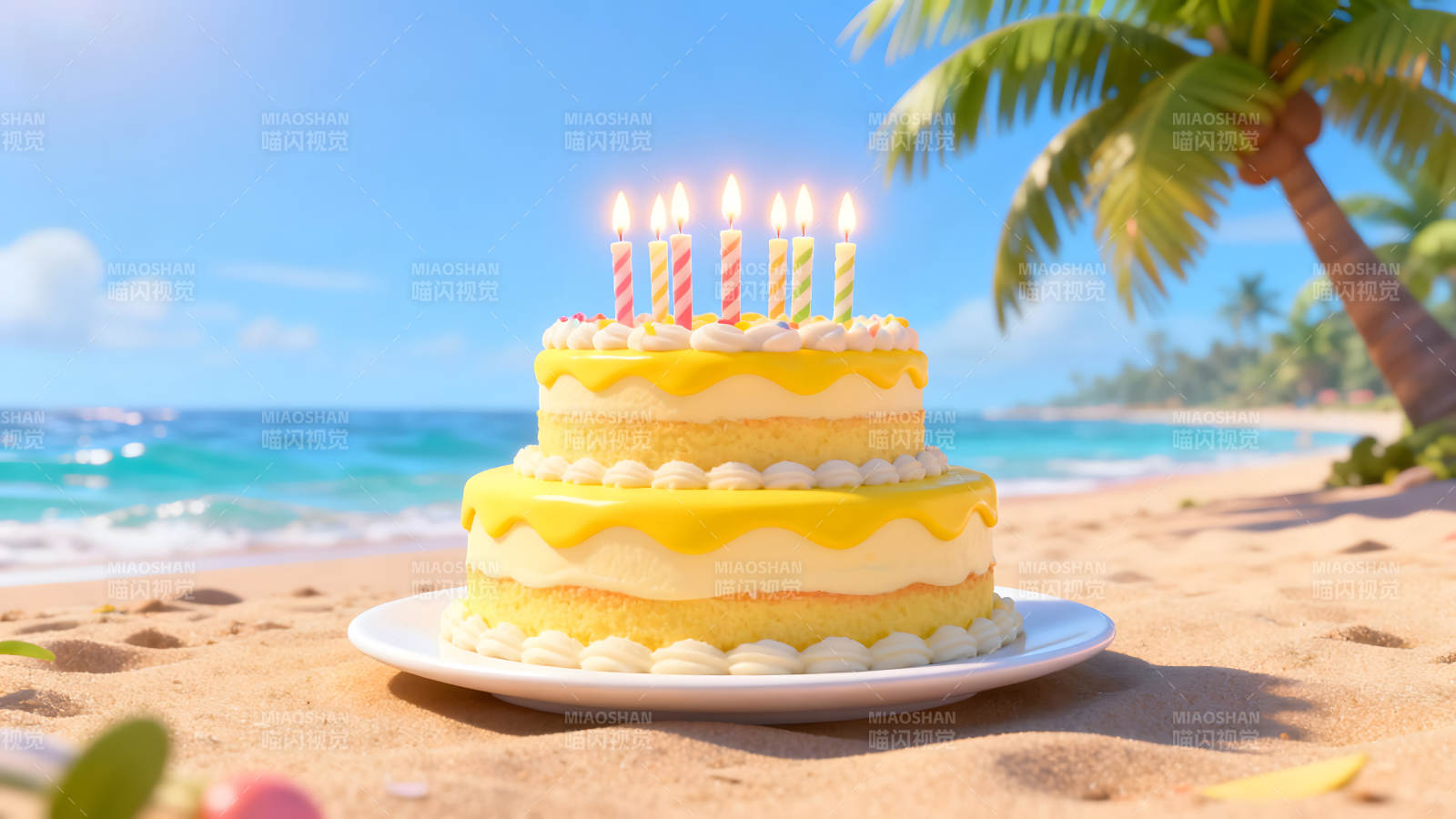 海滩上的生日蛋糕庆祝图片