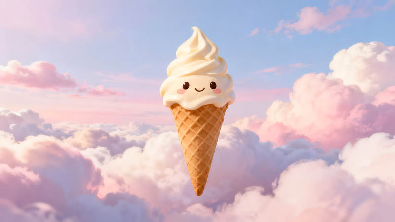 可愛冰淇淋翱翔于粉色云朵之間-圖片
