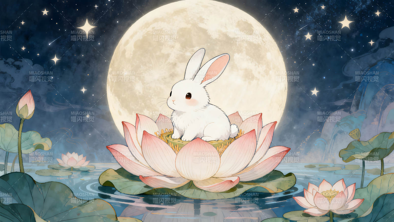 月夜蓮花兔子溫馨圖-圖片