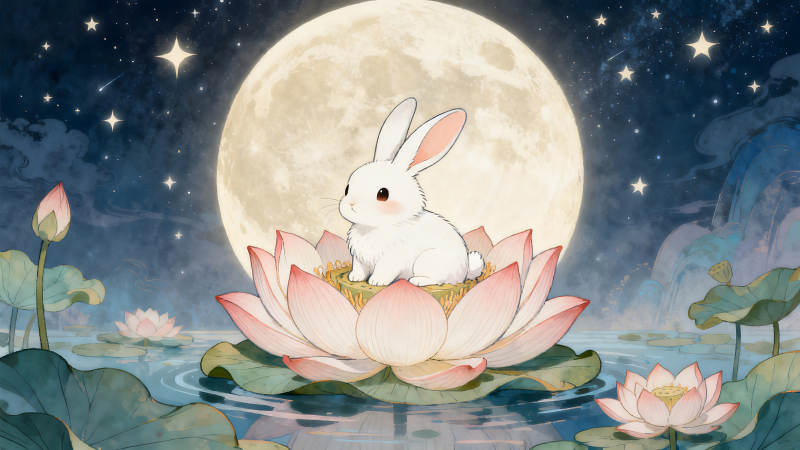 月夜蓮花兔子溫馨圖-圖片