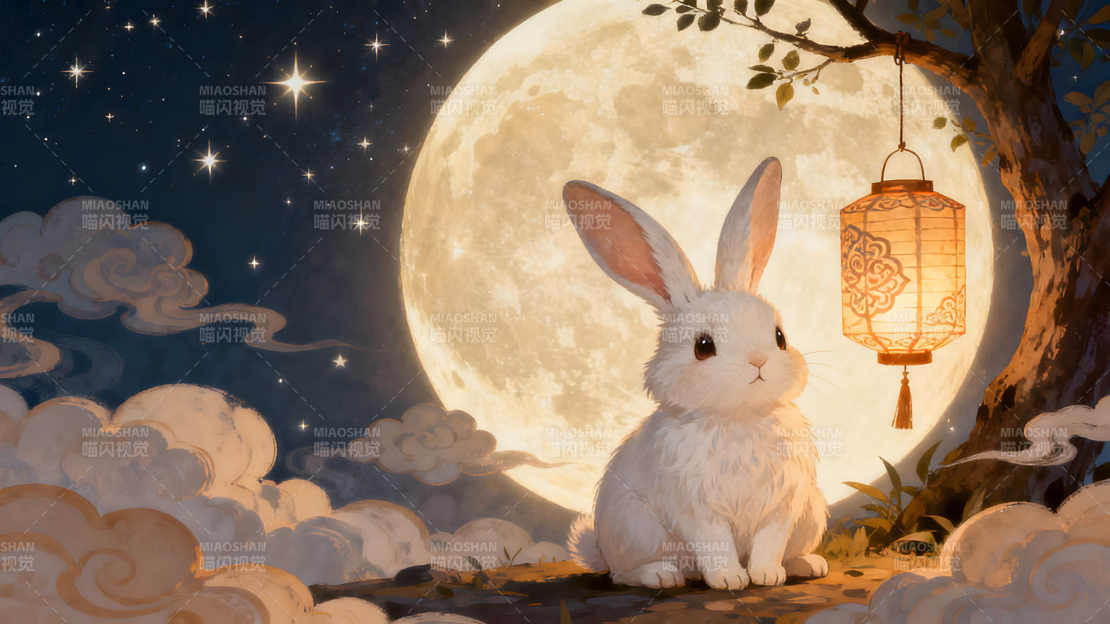 月夜下的可愛兔子與燈籠-圖片